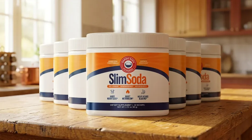 Six SlimSoda dietary supplement tubs lined up on a kitchen table